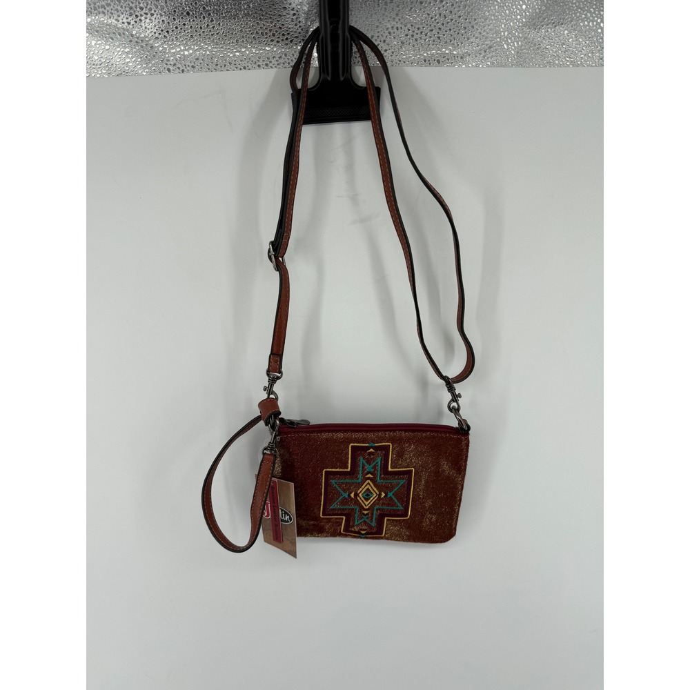 Justin Boots Crossbody Bag Cowhide Southwestern Embroidery Damask Wristlet NEW